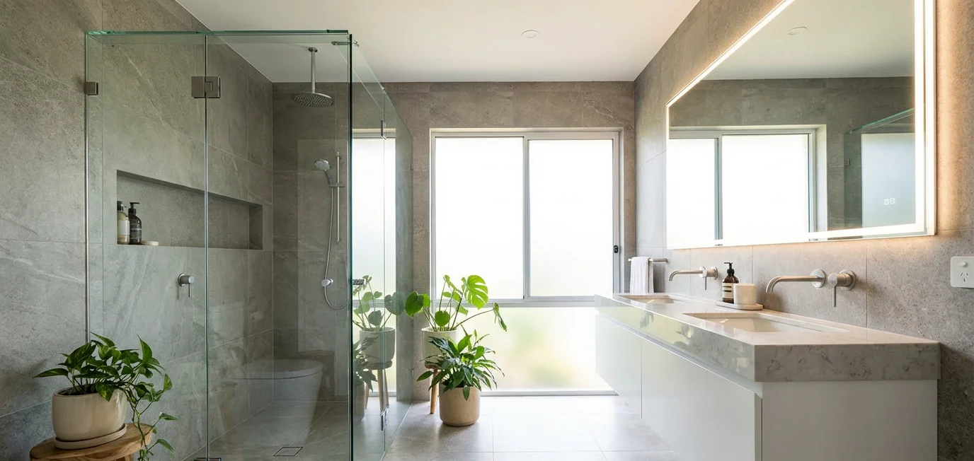 Modern bathroom renovation Brisbane with walk-in shower and floating vanity